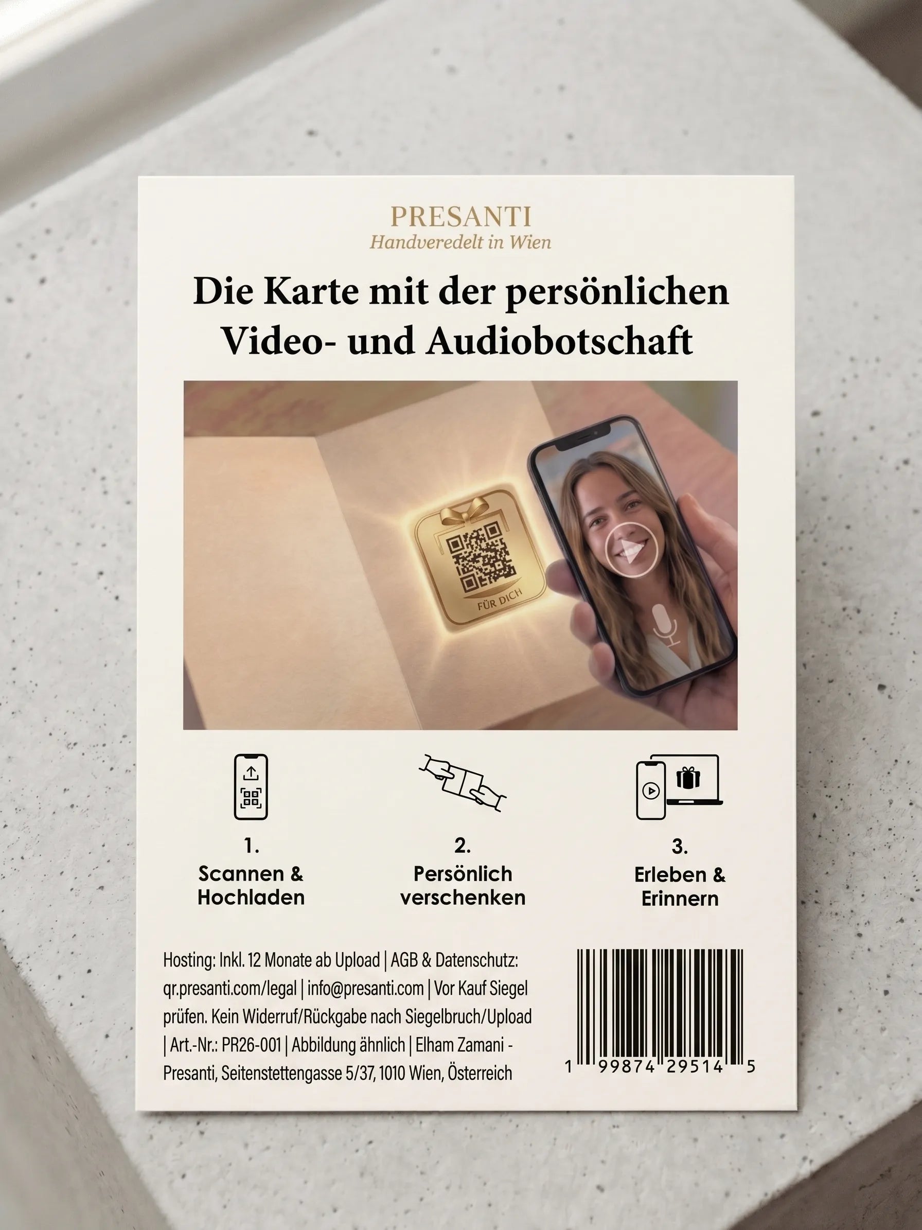 Presanti Premium Grußkarte mit Video-Botschaft – Handveredelt in Wien (4er-Set)